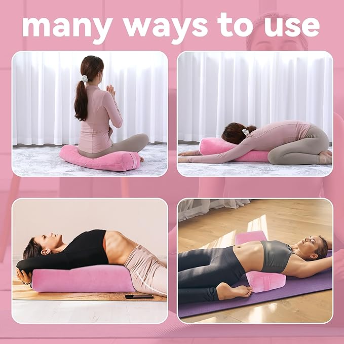 ROYALAY 2 Pcs Yoga Bolster Pillow for Restorative Yoga, Rectangular and Cylinder Meditation Pillow Set with Carrying Handles, Supportive Cushion for Exercise Workout Stretching Meditation,Pink-FlexoryFit