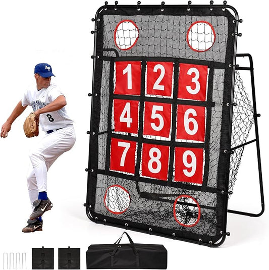 Pitching Net with Strike Zone, 9 Hole Baseball Pitching Target, Portable Softball Baseball Training Equipment with Carry Bag