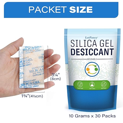 LotFancy Silica Gel Packets, 10 Gram 30 Packs Rechargeable Desiccant Dehumidifier, Indicating (Orange to Dark Green), Moisture Absorbing Bag for Clothes Shoes Ammo Storage