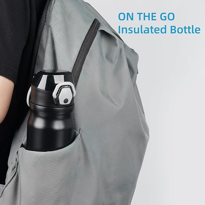 Insulated Water Bottle with Straw and Carry Loop,18 oz Stainless Steel Double Wall Vaccum Metal Water Flask with Leak-proof Lid,Black-FlexoryFit