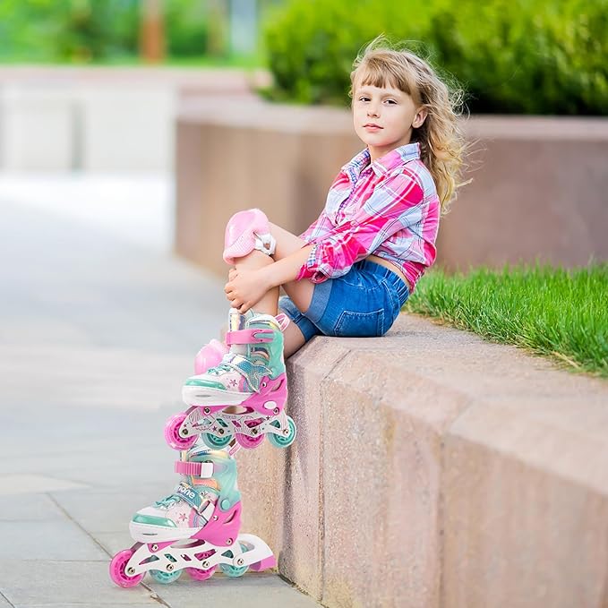 NEMONE Mermaid Inline Skates, 4 Sizes Adjustable Skates for Girls Kids with Light up Wheels, Indoor Beginner Outdoor for Kids Ages 4-6 5-8 6-12 8-12-FlexoryFit