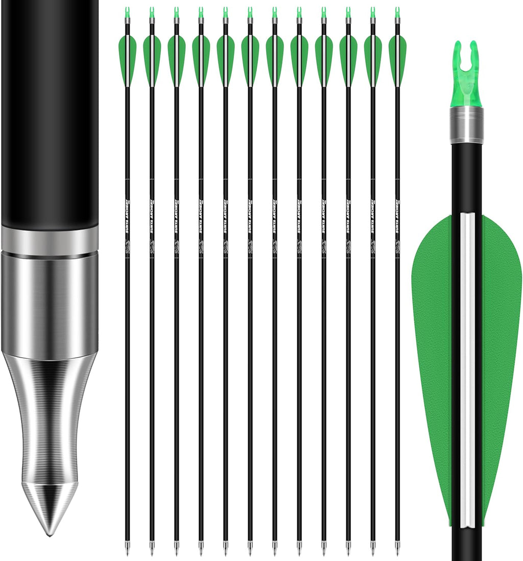 SUNYA 12-Pack 30 Inch Carbon Arrows Spine 500 or 400 for 40-60 LBS Bows｜Switch to Recurve/Compound Modes, Anti-Loose O-Ring & TPU Vanes for Hunting/Target Practice