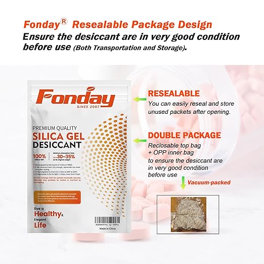 50Gram 20Packets Fonday Rechargeable Silica Gel Desiccant Packets Food Grade Fast Reactivate Desiccant Bags Moisture Indicating Orange to Green