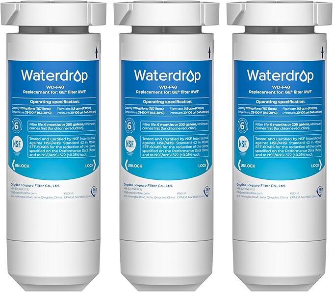 Waterdrop XWF Replacement for GE® XWF Refrigerator, GE® XWF Water Filter, WR17X30702, 3 Filters（Not XWFE®)