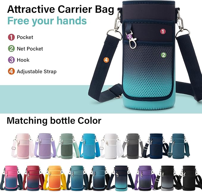 Insulated Water Bottle | Thickened Stainless Steel Vacuum Metal | Portable Sports Water Jug for Gym and Hiking with Straw, Carrier Bag, Handle Strap | BPA-Free 32 oz-FlexoryFit