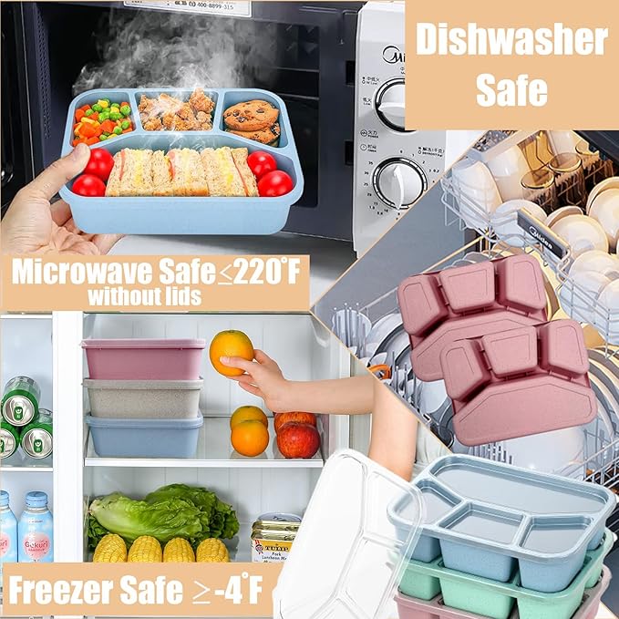 15 PCS Bento Box, 4 Compartment Bento Box Adult Set, Wheat Straw Bento Lunch Box, Reusable Lunch Snack Box, Microwave, Dishwasher and Freezer Safe Meal Prep Containers for Work, School and Travel-FlexoryFit