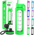 FIT Strong & Healthy 32 oz Glass Water Bottle with Straw Lid, Time Marker, Sleeve & Extra Lid - Motivational, Wide Mouth 1 Liter Glass Drinking Bottle