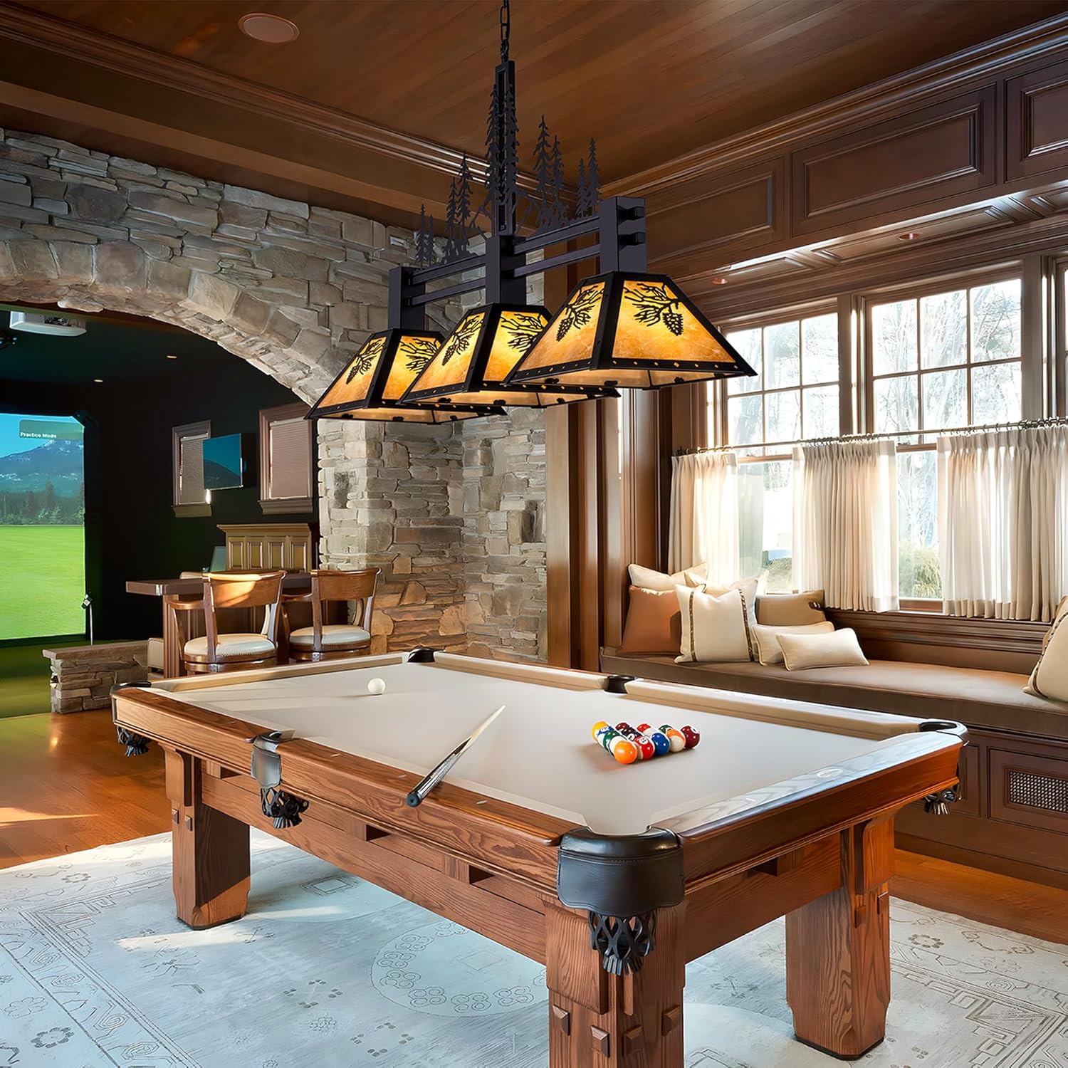 TOCHIC 3-Light Pool Table Light for 7' 8' 9' Table, 48" Rustic Tiffany Billiard Pool Table Lights, Farmhouse Chandelier for Dining Room Hanging Ceiling Light Fixture for Game Room Basement Bar