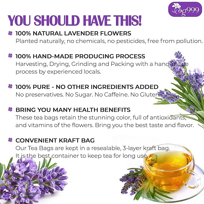 120 Lavender Flower Tea Bags, 100% Natural & Pure from Lavender Flowers. Loose Flower Lavender Herbal Tea. Lavender Flower Tea. No Sugar, No Caffeine, No Gluten, Vegan.-FlexoryFit
