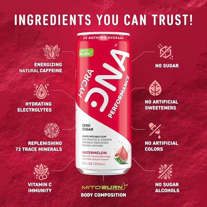 HYDRADNA- Clean Performance Drink, Zero Sugar | For Natural Fuel, Alertness, Boost, Stamina,120 mg Organic Caffeine, Natural Flavors, Zero Sucralose, Clean Ingredients (12 Pack) (12 Pack, Watermelon)-FlexoryFit
