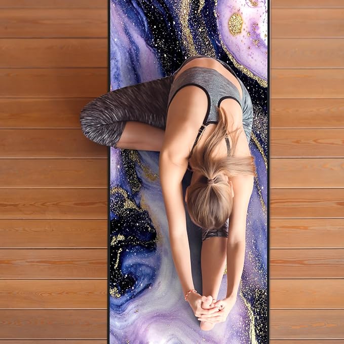 QIYI Large Yoga Mat Towel with Corner Pockets, Non Slip Sweat Absorbent Hot Yoga Towels, Soft Yoga Blankets with Travel Bag, Skidless Mat Cover for Workout, Gym, Fitness - 74"x26", Purple & Pink Grain-FlexoryFit