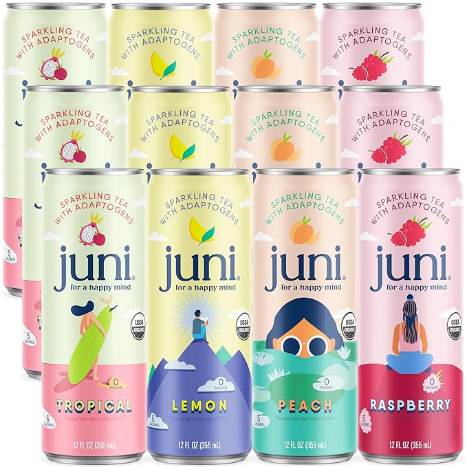 Juni Sparkling Adaptogen Drink with Ashwagandha, Lion's Mane & Reishi Mushrooms | Green Tea for Focus | Zero Sugar, 5 Calories | All Flavors 24-Pack-FlexoryFit