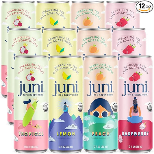 Juni Sparkling Adaptogen Drink with Ashwagandha, Lion’s Mane & Reishi Mushrooms | Green Tea for Focus, Zero Sugar, 5 Calories, Organic | Non Alcoholic Drinks - Variety Pack 12 pack-FlexoryFit
