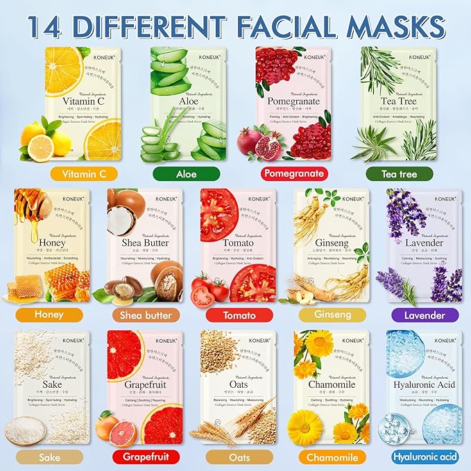 14 Pack Sheet Face Masks Skincare for All Skin Types, Hydrating Face Masks Suitable for Sensitive Skin, Bulk Facial Mask Set for Women Skin Care, Face Mask Gifts Set for Face Spa-FlexoryFit
