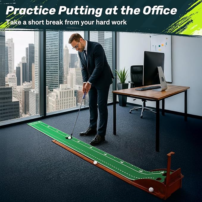 SAPLIZE Portable Putting Mat with Automatic Ball Return - Golf Practice Green with Mirror - Improve Accuracy Indoors or Outdoors