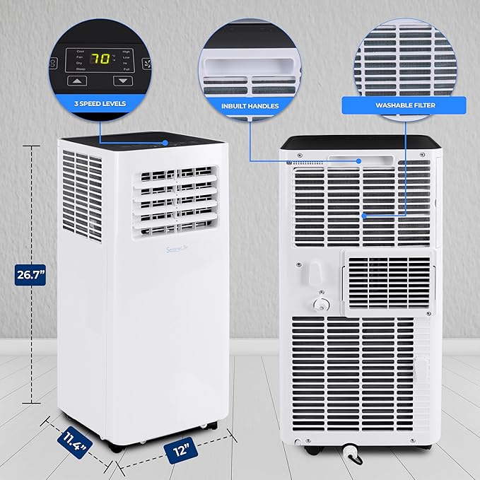 SereneLife Small Air Conditioner Portable 8,000 BTU with Built-in Dehumidifier - Portable AC unit for rooms up to 350 sq ft - WiFi app + Remote Control, Window Mount Exhaust Kit