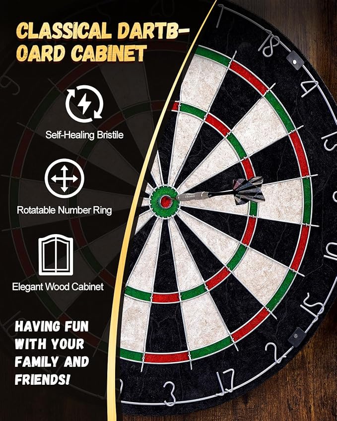 Sisal Dart Board Cabinet Sets, Decorative Dart Boards for Adults [6*Steel Darts] - Wooden Dartboard Cabinet with Integrated Scoreboard for Family Game Rooms