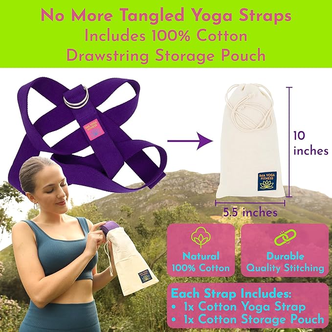 Adaptive Yoga Strap, Stretching Strap, 2 Inches Wide, 100% Naturally Soft Cotton, Steel D-Rings, Includes Natural Cotton Drawstring Storage Pouch and Instructional E-Book-FlexoryFit