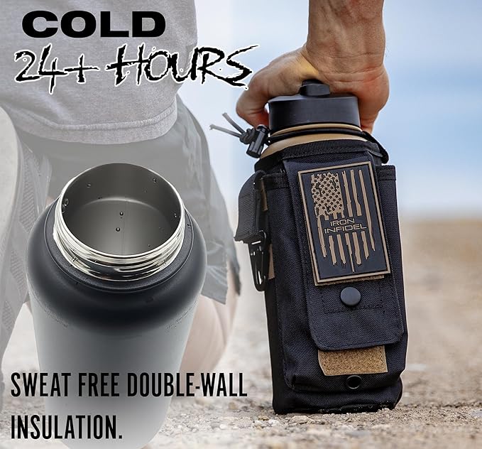 Iron Infidel Battle Bottle - 32 Oz Insulated Water Bottle with Straw Lid & Chug Cap, Stainless Steel Metal Flask Includes Rugged, Removable Sleeve for Keys, Wallet, & Phone (Brown Recluse 1 Liter)-FlexoryFit