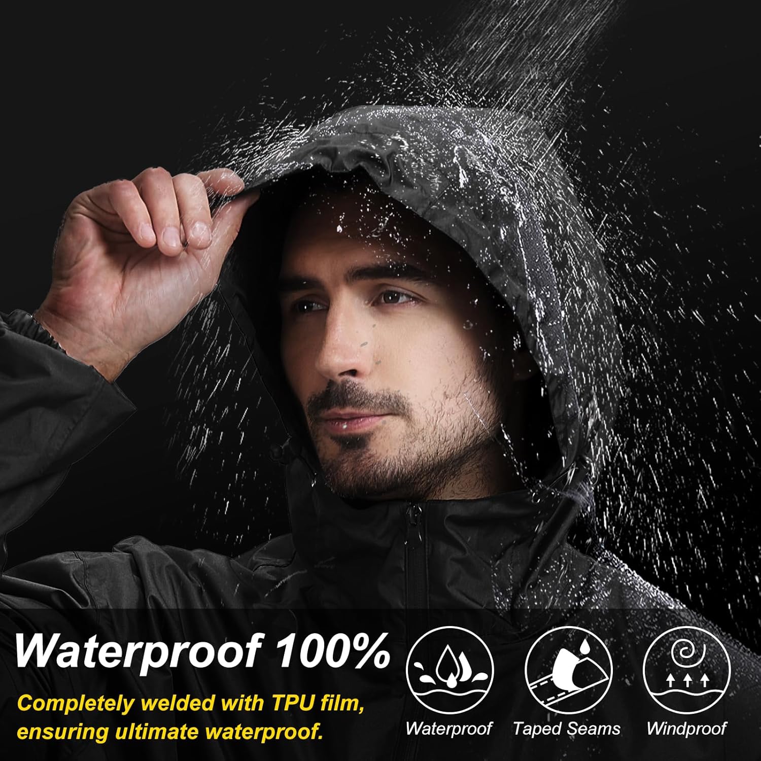 Men's Packable Rain Jacket Waterproof Outdoor Classic Lightweight Raincoat Hooded Windbreaker