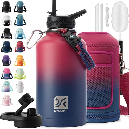 Insulated Water Bottle | Thickened Stainless Steel Vacuum Metal | Portable Sports Half Gallon Large Water Jug for Gym and Hiking with Straw, Carrier Bag, Handle Strap | BPA-Free 64 oz-FlexoryFit