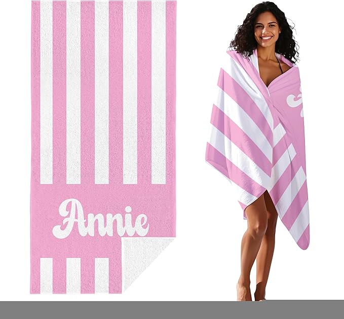 JML Personalized Beach Towel with Name, Custom Cabana Stripe Beach Towel, Customized Microfiber Pool Towel, Quick Dry & Absorbent Swim Towel for Adult,Mother's Day, Birthday, Summer Holiday,Vacation-FlexoryFit