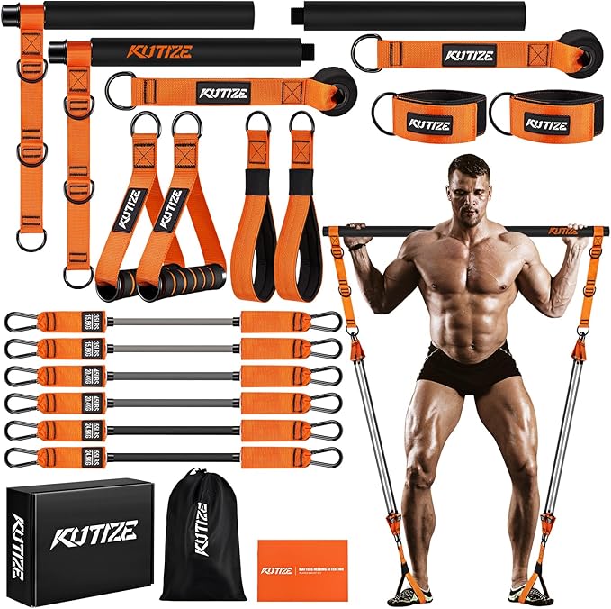 Pilates Bar Kit with Resistance Bands, Heavy Duty Pilates Equipment for Men, Strength Training Bar for Legs, Hip, Back, Arm, Abs, Chest, Shoulders, Portable Home Gym Full Body Workout Equipment-FlexoryFit