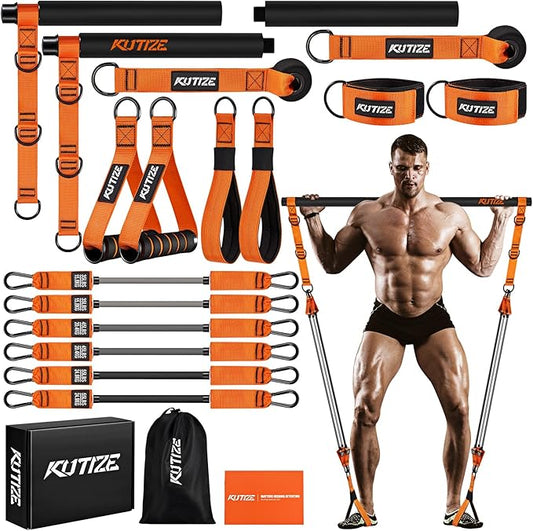 Pilates Bar Kit with Resistance Bands, Heavy Duty Pilates Equipment for Men, Strength Training Bar for Legs, Hip, Back, Arm, Abs, Chest, Shoulders, Portable Home Gym Full Body Workout Equipment-FlexoryFit