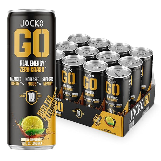 Jocko GO Energy Drink - Keto, Vitamin B12, Vitamin B6, Electrolytes, L Theanine, Magnesium- Energy Boost, Sugar Free Nootropic Monk Fruit Blend - 12 Pack (Iced Tea - Lemonade)-FlexoryFit