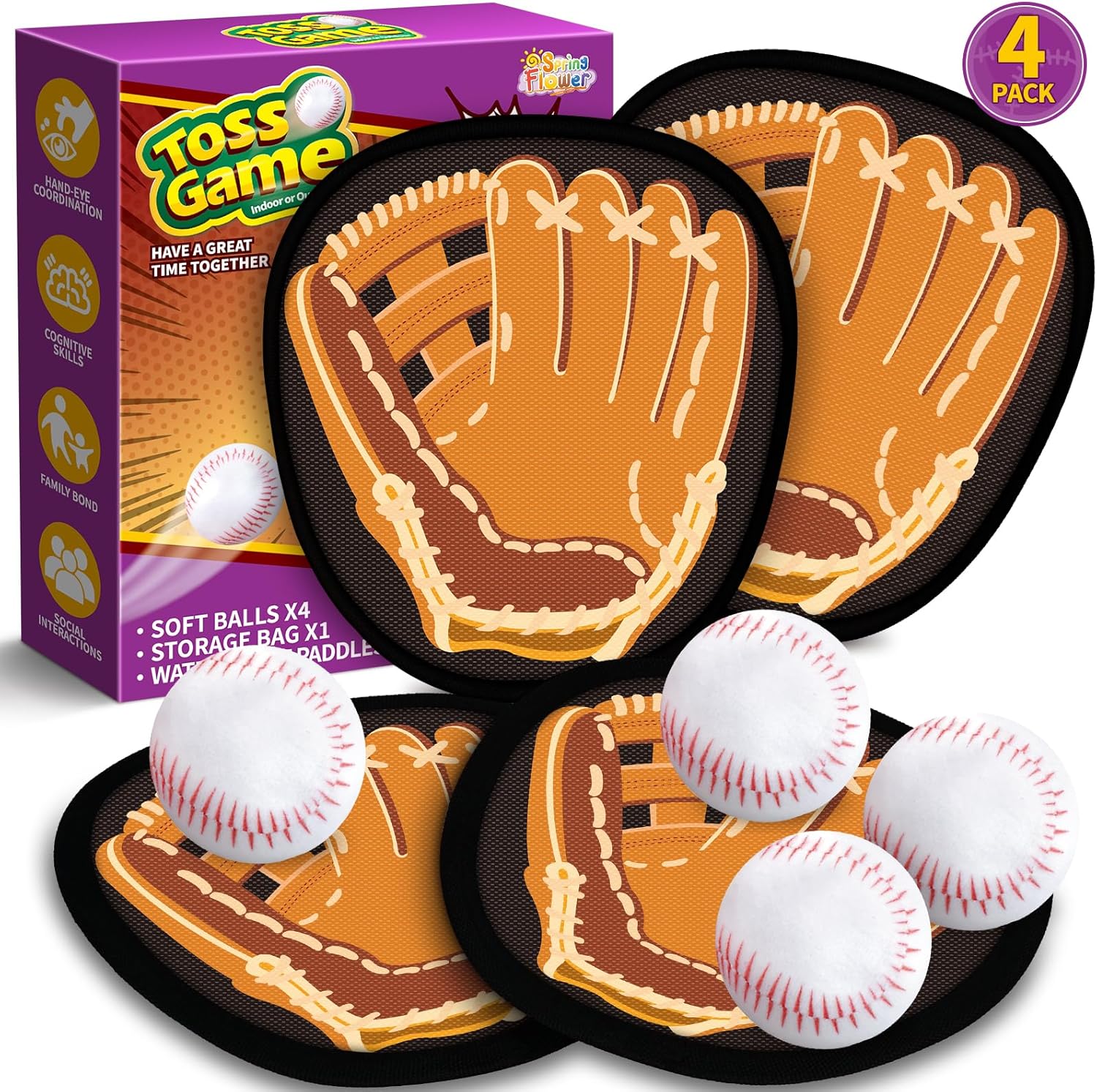 SpringFlower Catch and Toss Game, Outdoor Sport Game Toy for Toddlers Kids, Stick Ball Catch Game Set Toy Gifts for Boys & Girls,Kids Baseball Beach Outdoor Indoor Pool Game