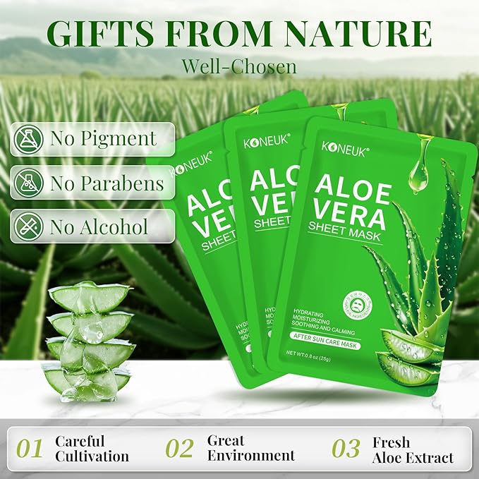 12 Pack Aloe Vera Face Masks Skincare, Sheet Aloe Hydrating Face Mask for Sunburn Relief and After Sun Care, Bulk Aloe Vera Face Mask for Spa Party Gifts-FlexoryFit