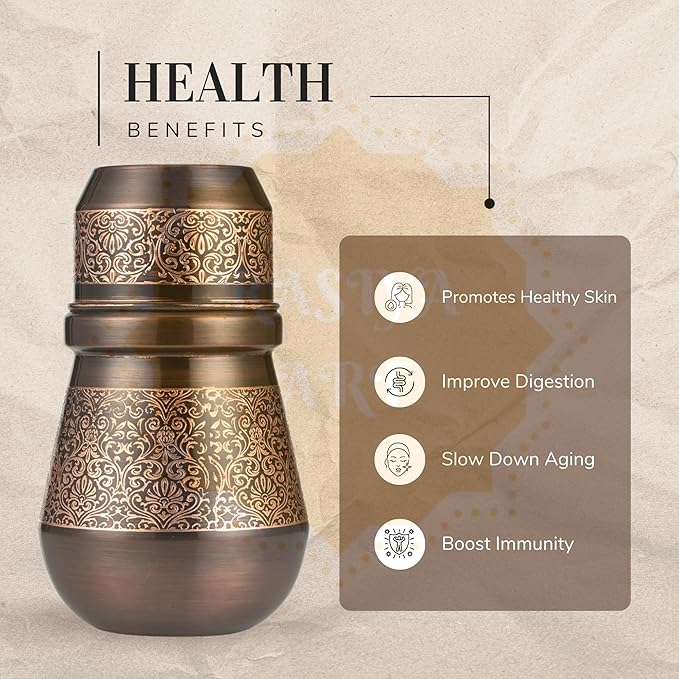 Bedside Water Carafe - Copper Bottle for Drinking Water- Pitcher with Lid - Ayurveda Healing Benefit Heavy Duty Vessel - 34 Oz