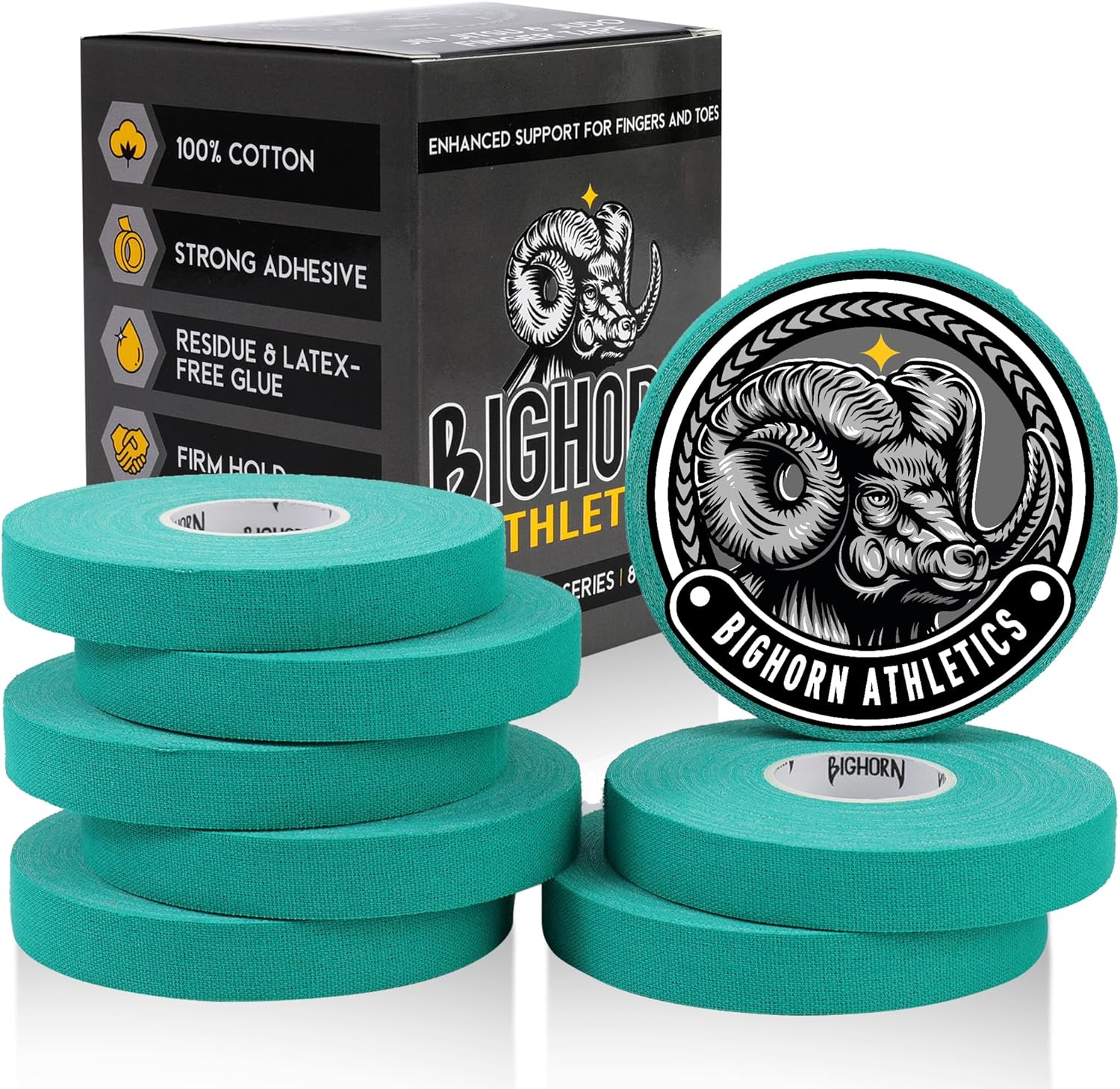Bighorn Athletics Jiu Jitsu Finger Tape, Rock Climbing Tape | Multipurpose for Sports & Injuries: MMA, Volleyball, Football, Basketball, Tennis, Golf, Hands & Toes, 0.5-Inch x 45-feet, 8-Rolls, Green