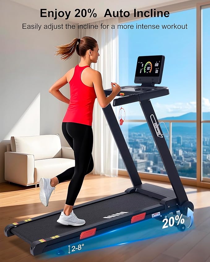 Auto Incline Treadmill, 20% Incline, 3.0HP, 10 MPH Running Machine, 18.5" Wide Belt, 350 lbs Capacity, Treadmill for Home with Bluetooth App-FlexoryFit