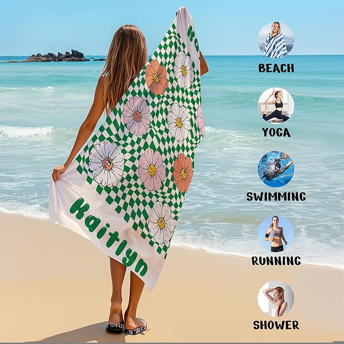 JML Personalized Beach Towel with Name, Custom Flower Beach Towel, Customized Microfiber Pool Towel, Quick Dry & Absorbent Swim Towel for Adult,Mother's Day, Birthday, Summer Holiday,Vacation-FlexoryFit