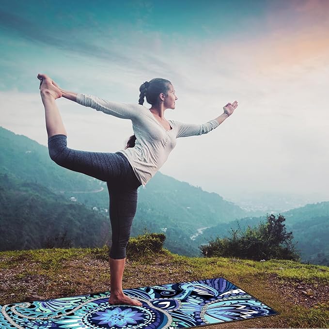 QiyI Yoga Mat Towel with Corner Pockets, Non Slip Sweat Absorbent Hot Yoga Towels, Soft Yoga Blankets with Travel Bag, Skidless Mat Cover for Workout, Gym, Fitness - 70"x26", Vintage Paisley-FlexoryFit