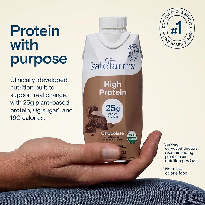 KATE FARMS Organic High Protein Chocolate Nutrition Shake, 25g Protein, 6g Fiber, 27 Vitamins and Minerals, 0g Sugar, Protein Drink, 11 oz (6 Pack)-FlexoryFit