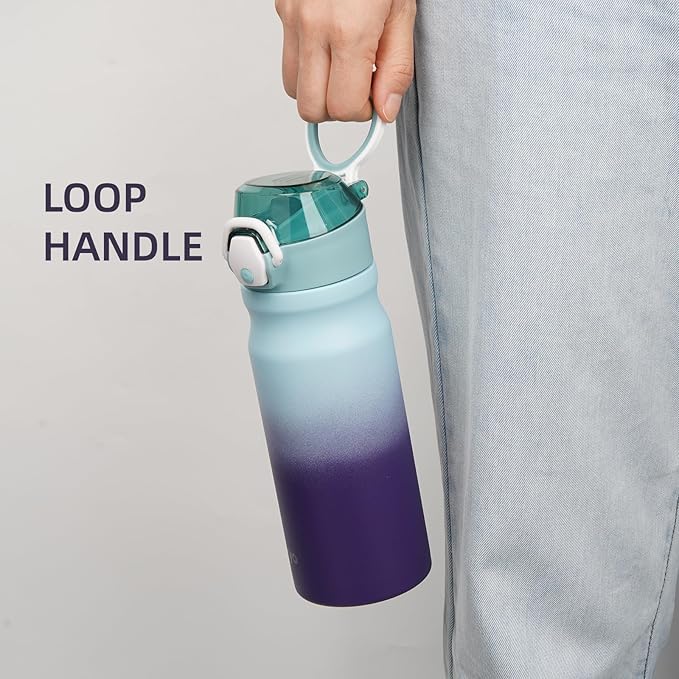 Insulated Water Bottle with Straw and Carry Loop,18 oz Stainless Steel Double Wall Vaccum Metal Water Flask with Leak-proof Lid,Ocean Dream-FlexoryFit