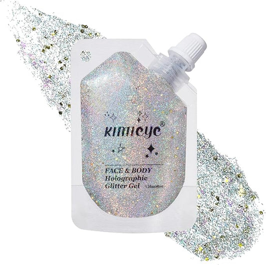 Holographic Face Glitter Gel Body Shimmer Makeup for for Hair, Face, Clavicle, Arm, Nail, Eyeshadow, Long Lasting Waterproof Mermaid Sequins Party Glitter for Rave Festival, 1.35oz (Laser Gold #6)-FlexoryFit
