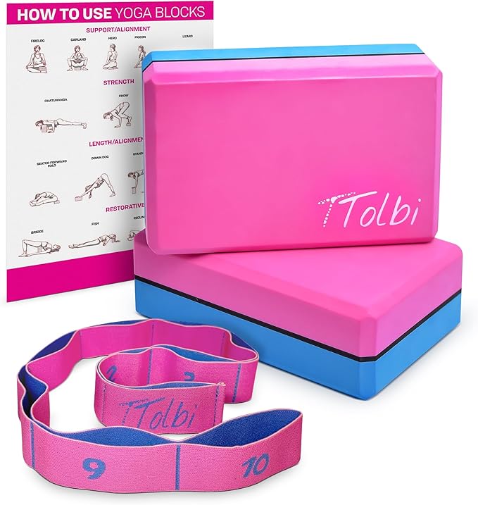Yoga Blocks 2 Pack Set with Dance Stretch Band & Guide: Non-Slip EVA Foam Block - Ideal Stretching Equipment for Home Workouts, Pilates, Dance, Ballet, Gymnastics, Exercise - Stretch Strap Stuff Props-FlexoryFit