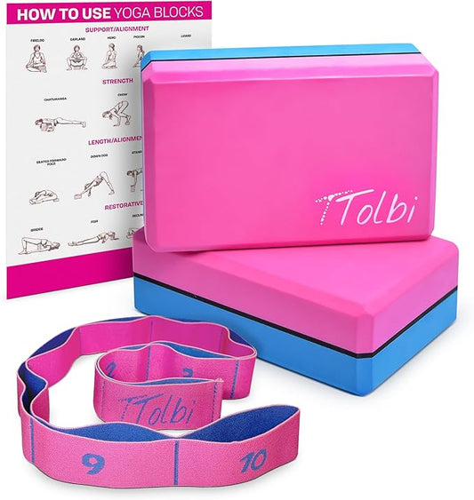 Yoga Blocks 2 Pack Set with Dance Stretch Band & Guide: Non-Slip EVA Foam Block - Ideal Stretching Equipment for Home Workouts, Pilates, Dance, Ballet, Gymnastics, Exercise - Stretch Strap Stuff Props-FlexoryFit