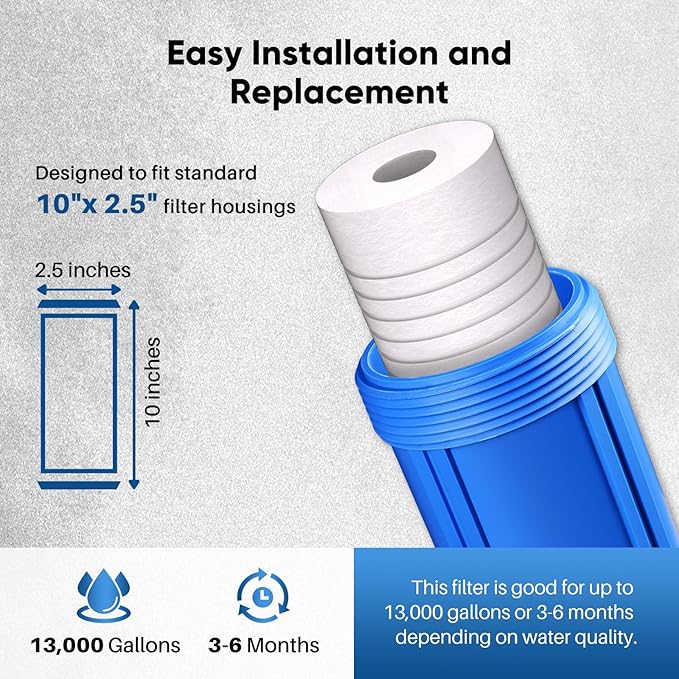 PUREPLUS 5 Micron 10" x 2.5" Whole House Sediment Home Water Filter, Grooved Sediment Replacement Cartridge for Any 10 inch RO Unit,AO-WH-PREV-R2, Aqua-Pure AP110, Aquaboon AB-SGR5M, GE GXWH20S, 3Pack