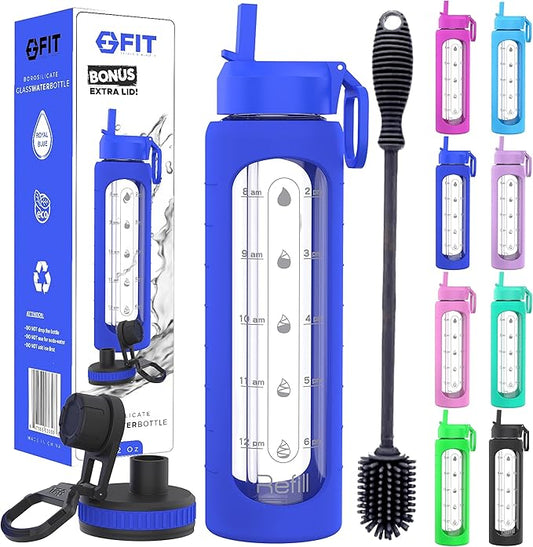 FIT Strong & Healthy 32 oz Glass Water Bottle with Straw Lid, Time Marker, Sleeve & Extra Lid - Motivational, Wide Mouth 1 Liter Glass Drinking Bottle