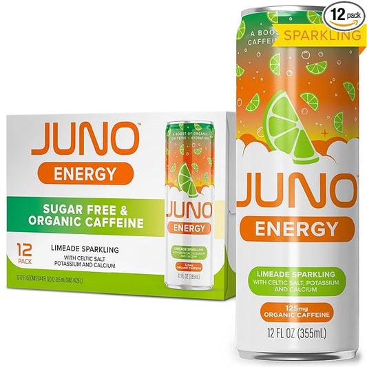 JUNO ENERGY Limeade Sparkling Energy Drink - Sugar Free Electrolytes, Energizing and Hydrating with 125mg Organic Caffeine from Green Coffee Beans, Organic Monk Fruit, Lime Juice & Electrolytes - Vegan, Gluten Free, 12 Pack-FlexoryFit