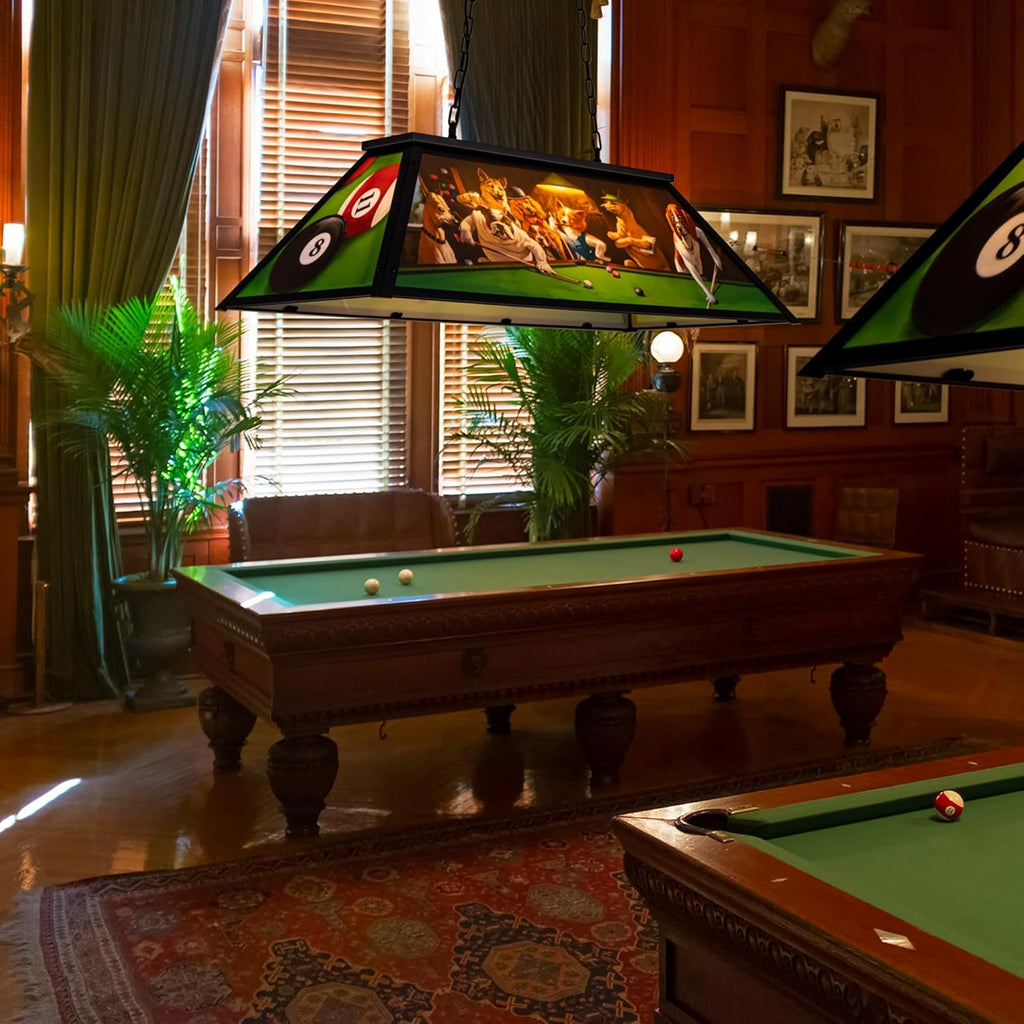 Wellmet Tiffany Pool Table Light, Dogs Playing Billiards Lights for 7' 8' 9' Pool Table, 3 Lights Billiard Fixture Hanging Pendant Lamp for Snooker Table, Cabin, Game Room, Men's Cave, Dining Room