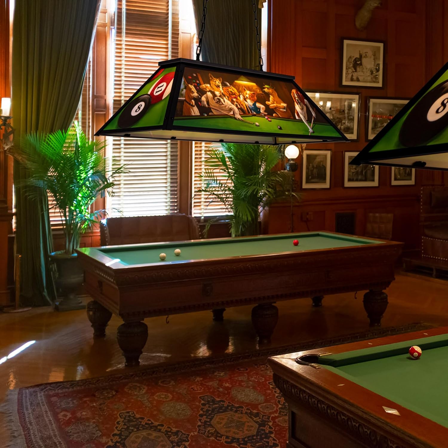 Wellmet Tiffany Pool Table Light, Dogs Playing Billiards Lights for 7' 8' 9' Pool Table, 3 Lights Billiard Fixture Hanging Pendant Lamp for Snooker Table, Cabin, Game Room, Men's Cave, Dining Room