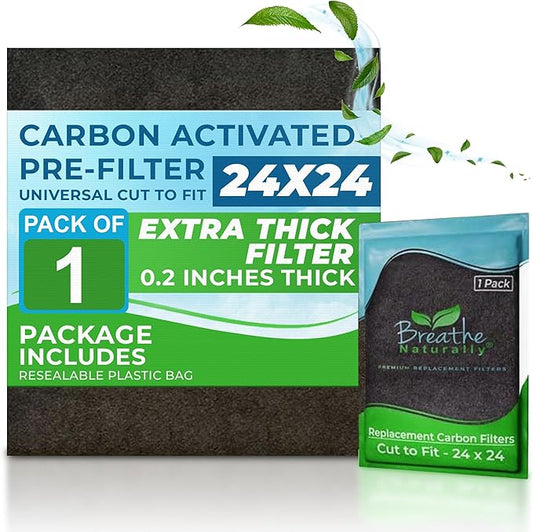 Breathe Naturally Universal Cut To Fit Carbon Activated Air Filter - Replacement Charcoal Filters - Pre Filter Carbon Sheet for Air Purifier, Vent Filters & More - Made in USA (Pack of 1, 24x24)