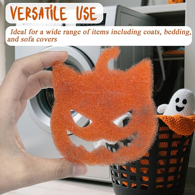 NewKe 6 Pack Halloween Pet Hair Remover for Laundry, Reusable Pet Hair Catcher Lint Remover, Washing Machine Hair Catcher, Washing Dryer Pads for Clothing Dog Cat Pet Fur Remover-Cat Head Pumpkin