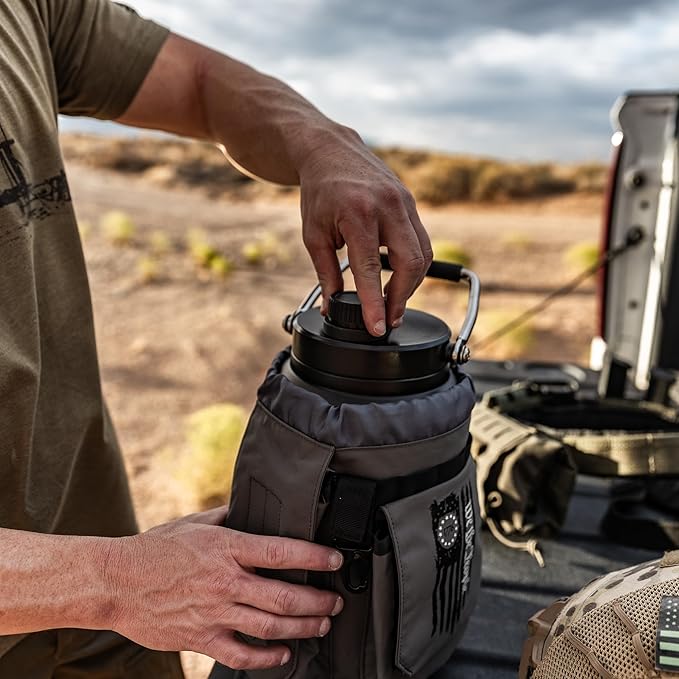 Iron Infidel Battle Bottle - One Gallon Insulated Water Bottle with Dual Carry Handles - 128 oz Tactical Stainless Steel Water Jug & Rugged Extra Large Sleeve With Storage (Betsy 128 Ounces)-FlexoryFit