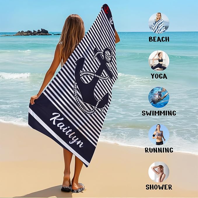 JML Personalized Beach Towel with Name, Custom Anchor Beach Towel, Customized Microfiber Pool Towel, Quick Dry & Absorbent Swim Towel for Adult,Anniversary, Birthday, Summer Holiday,Vacation-FlexoryFit